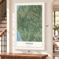 Thebes, Illinois map, 24 x 36 inch print in a white frame by a staircase