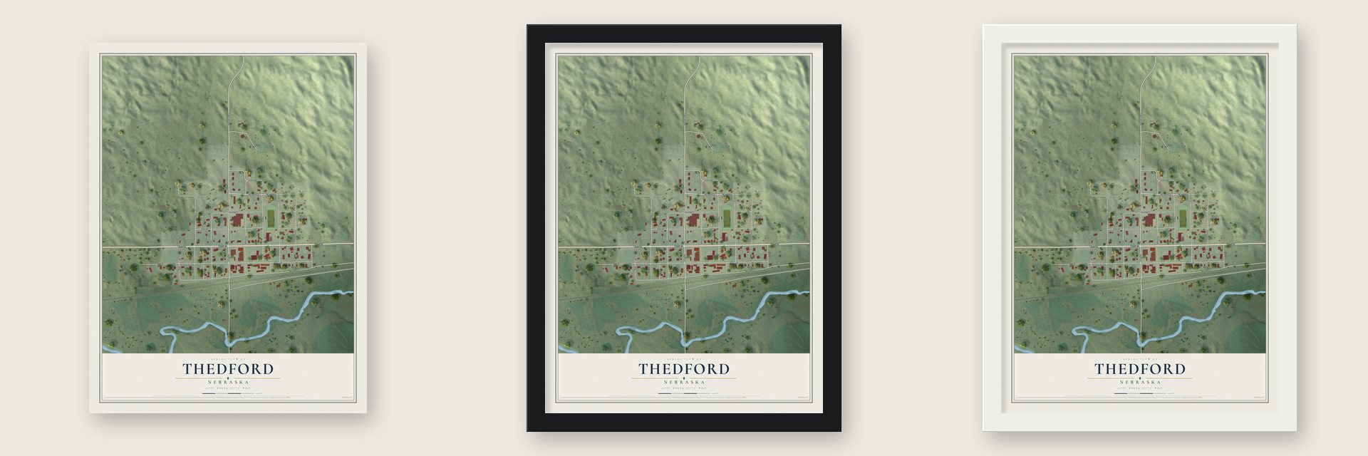 Thedford, Nebraska map unframed, in a black wood frame and in a white wood frame