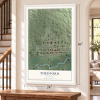 Thedford, Nebraska map, 24 x 36 inch print in a white frame by a staircase