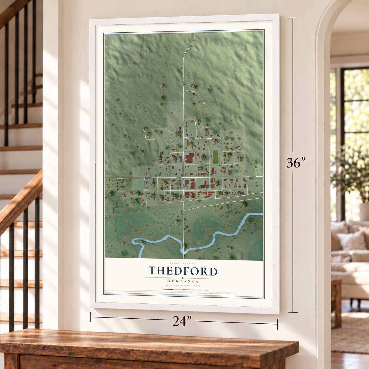 Thedford, Nebraska map, 24 x 36 inch print in a white frame by a staircase