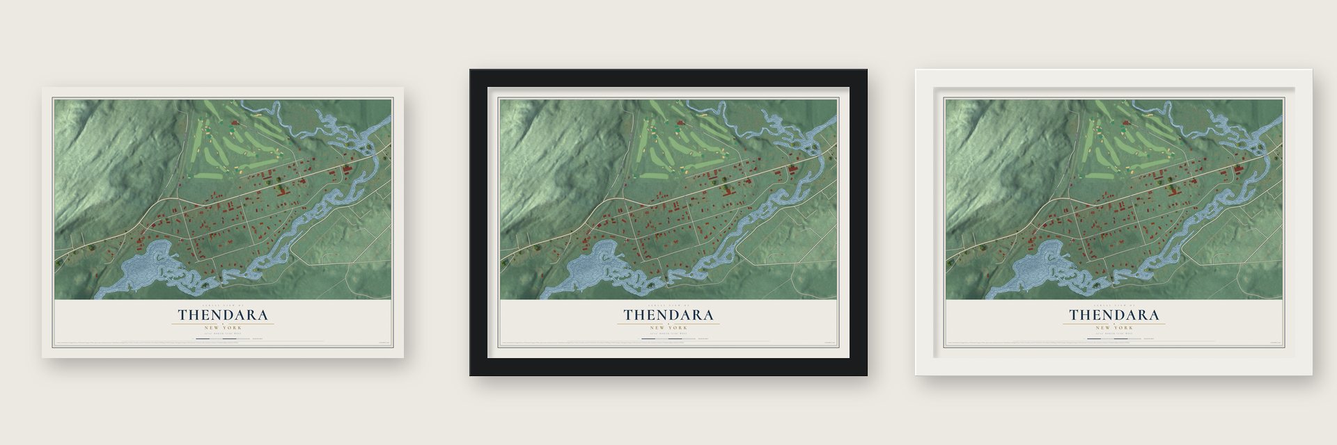 Thendara, New York map unframed, in a black wood frame and in a white wood frame