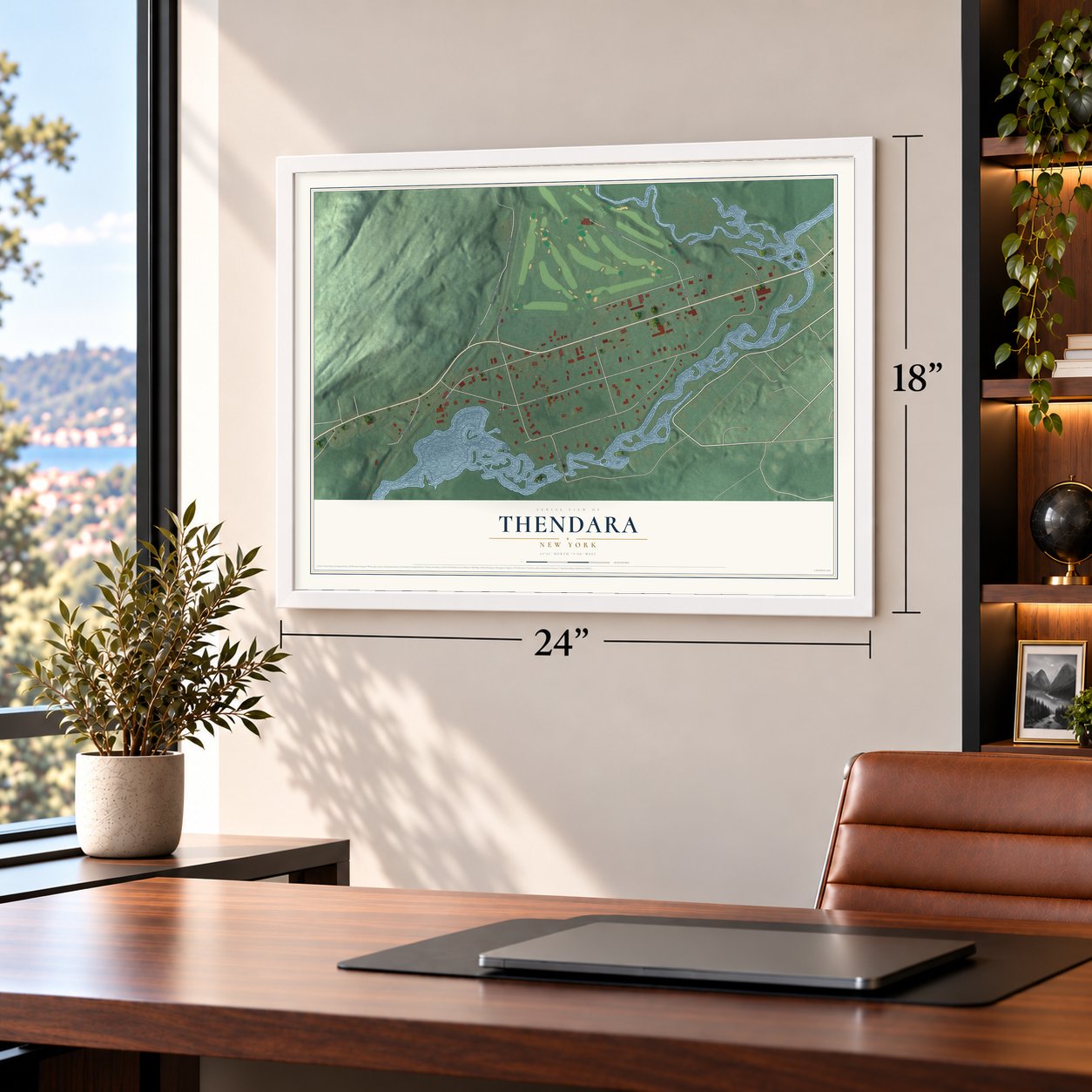 Thendara, New York map, 18 x 24 inch print in a white frame in a home office