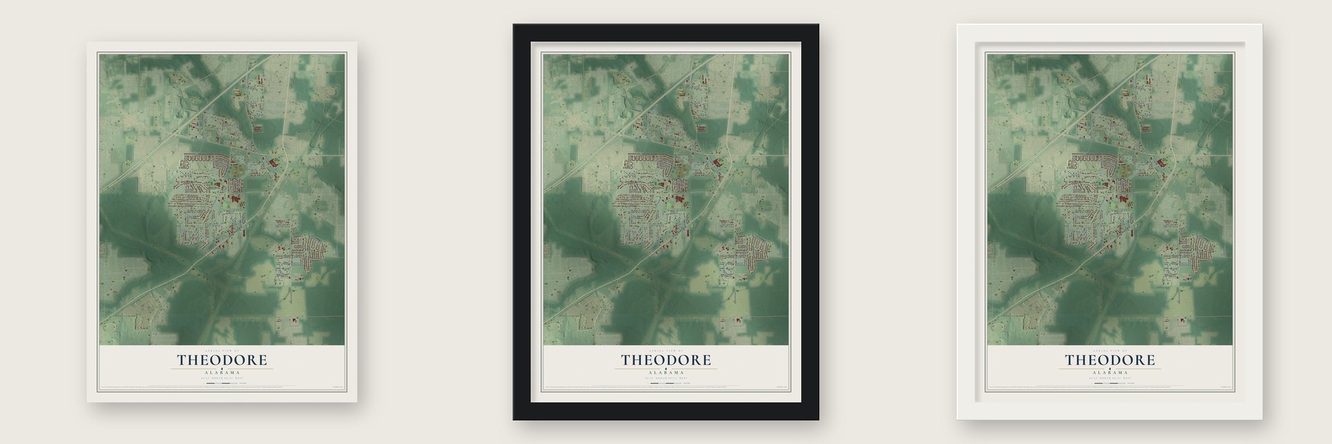 Theodore, Alabama map unframed, in a black wood frame and in a white wood frame