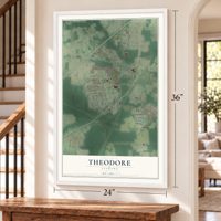 Theodore, Alabama map, 24 x 36 inch print in a white frame by a staircase