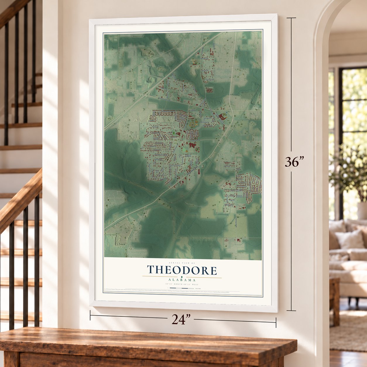 Theodore, Alabama map, 24 x 36 inch print in a white frame by a staircase