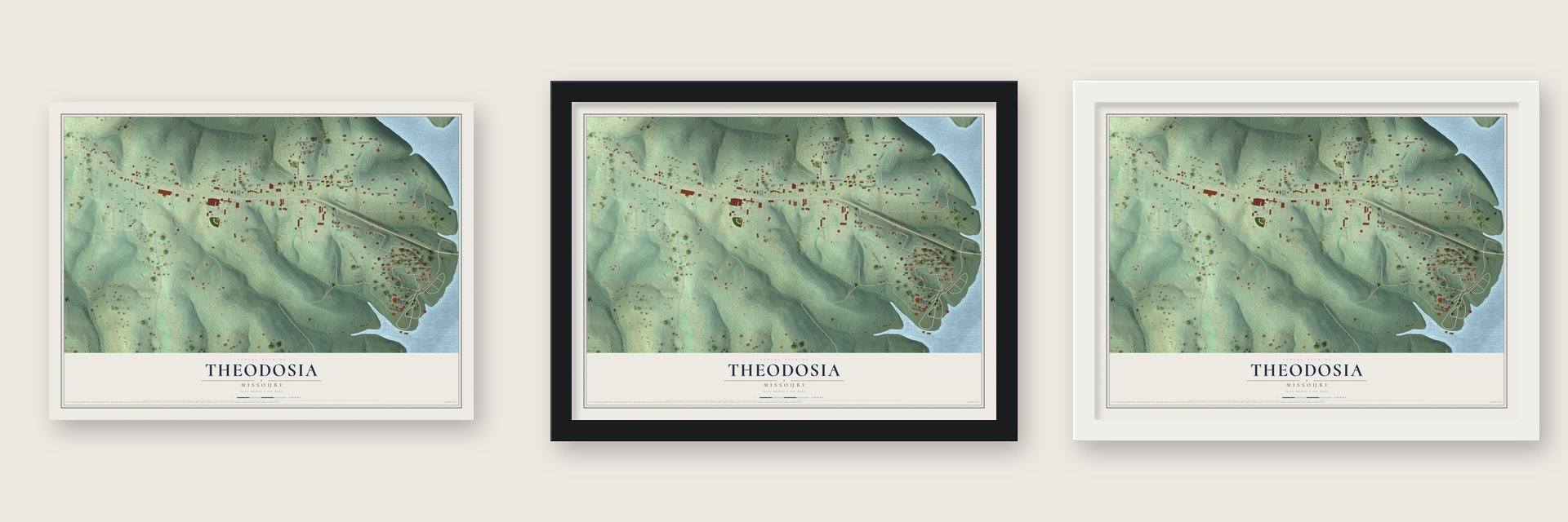 Theodosia, Missouri map unframed, in a black wood frame and in a white wood frame