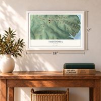 Theodosia, Missouri map, 12 x 18 inch print in a white frame in an entryway