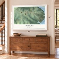 Theodosia, Missouri map, 24 x 36 inch print in a white frame above a dresser by a staircase