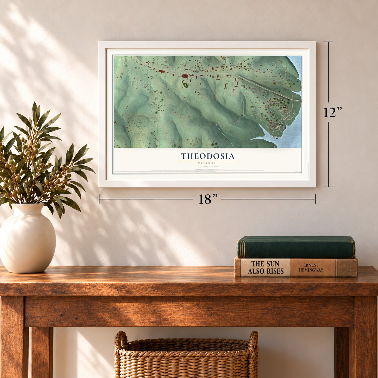 Theodosia, Missouri map, 12 x 18 inch print in a white frame in an entryway
