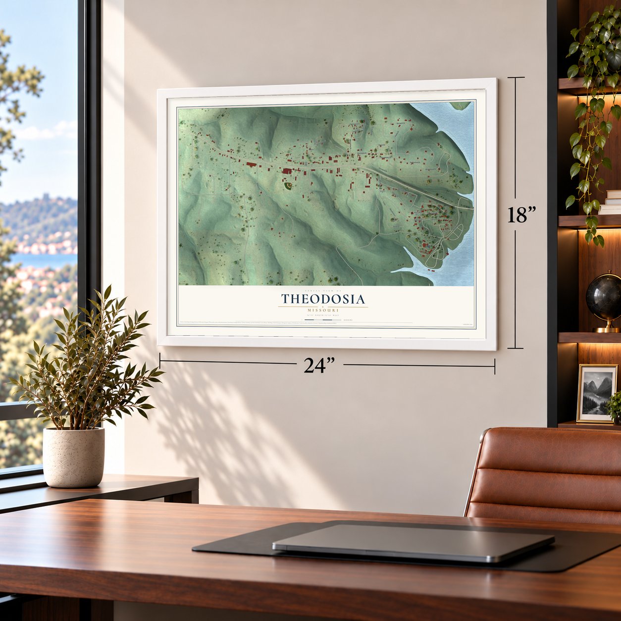 Theodosia, Missouri map, 18 x 24 inch print in a white frame in a home office