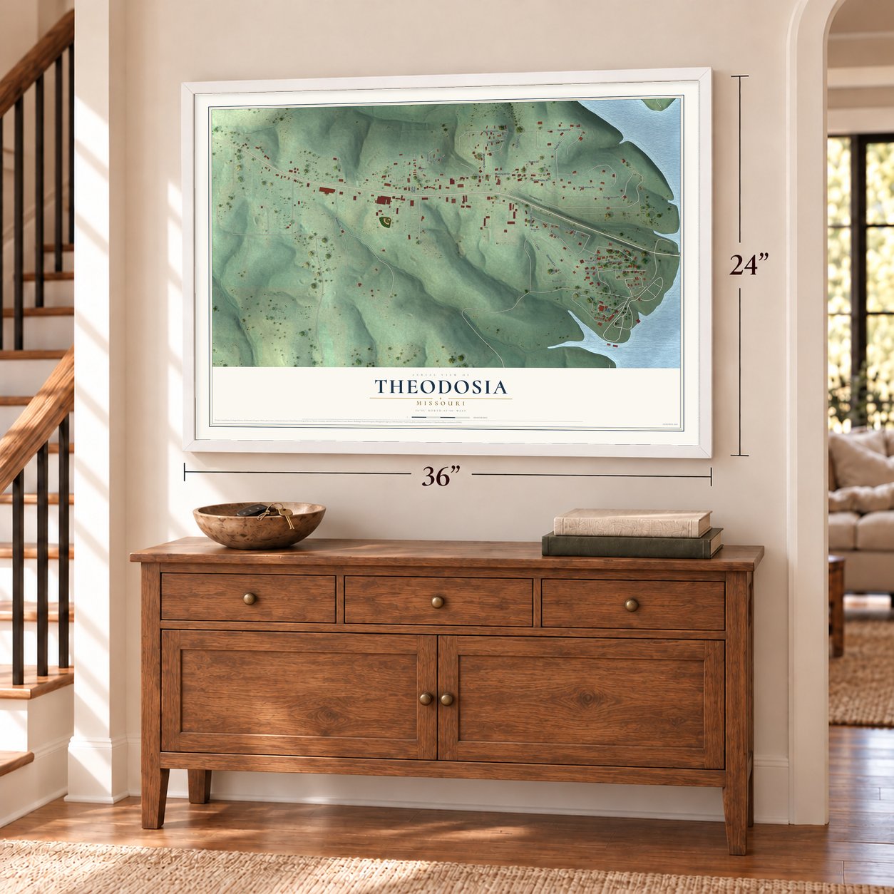 Theodosia, Missouri map, 24 x 36 inch print in a white frame above a dresser by a staircase