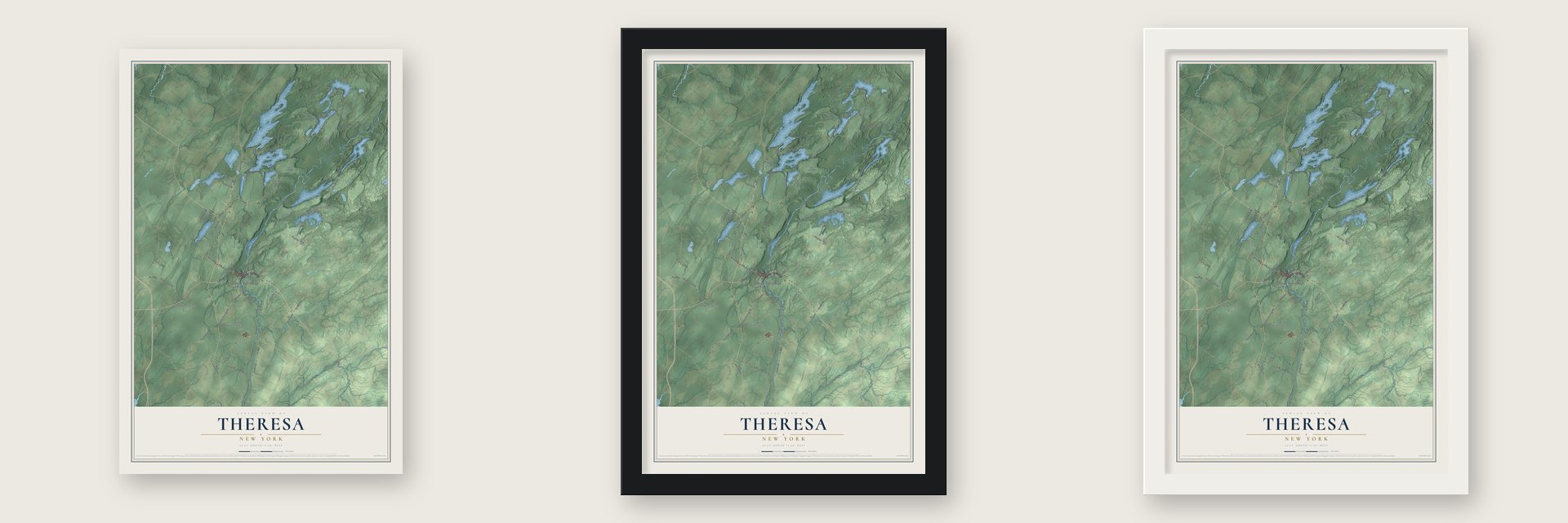 Theresa, New York map unframed, in a black wood frame and in a white wood frame