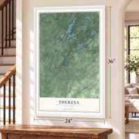 Theresa, New York map, 24 x 36 inch print in a white frame by a staircase