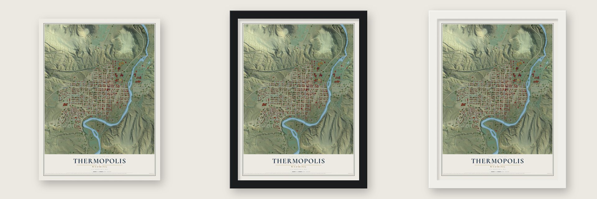 Thermopolis, Wyoming map unframed, in a black wood frame and in a white wood frame