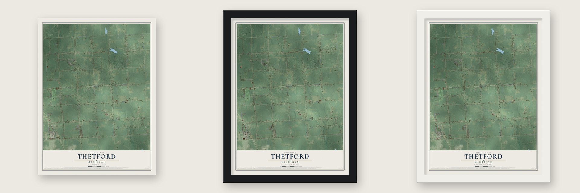 Thetford, Michigan map unframed, in a black wood frame and in a white wood frame