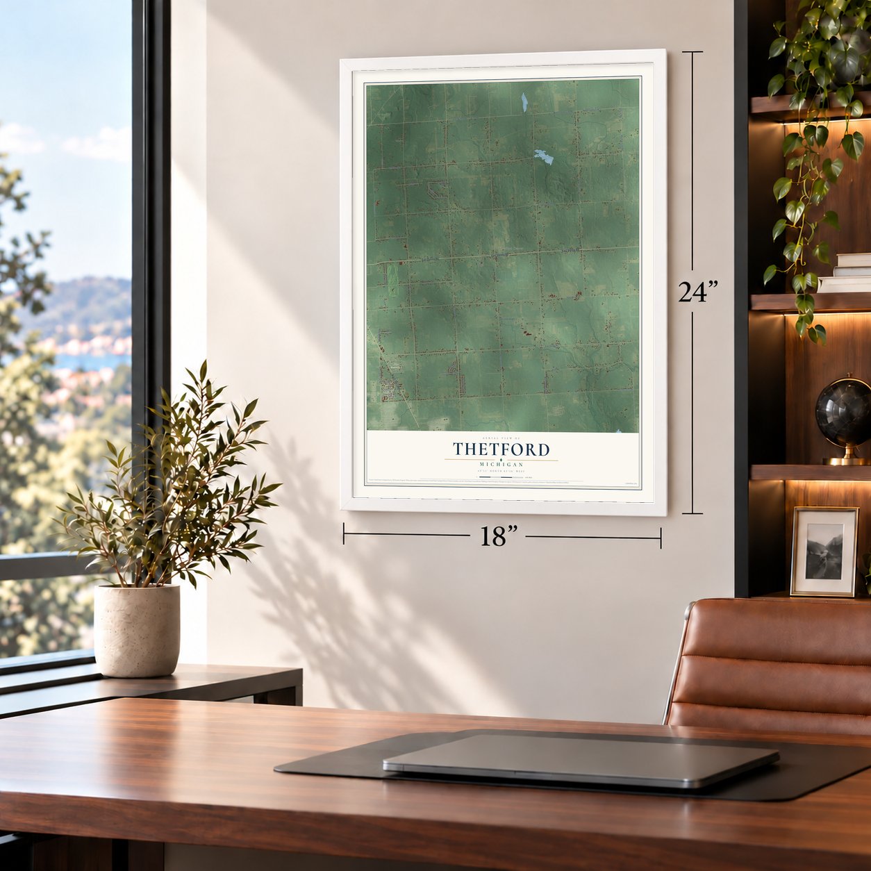 Thetford, Michigan map, 18 x 24 inch print in a white frame in a home office