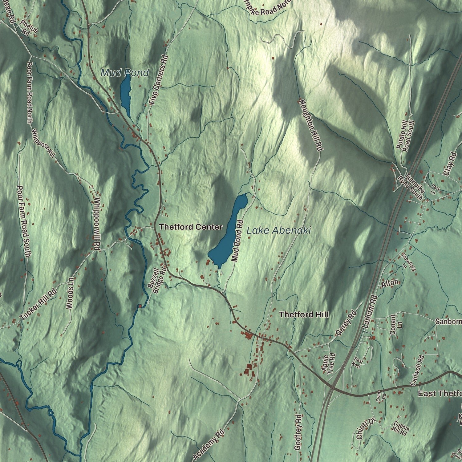 Close-up of the map of Thetford, Vermont print showing terrain and local geography
