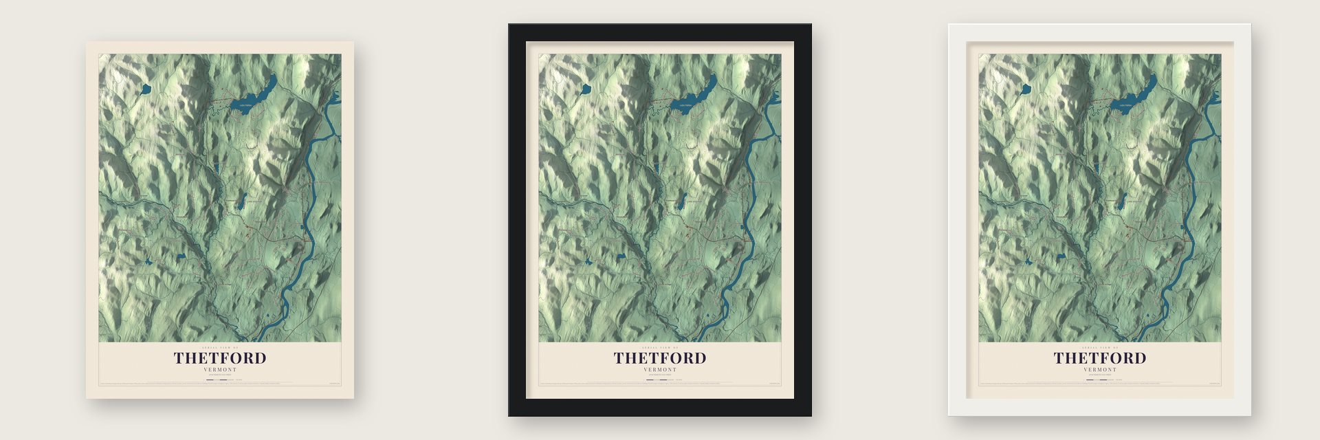 Thetford, Vermont map unframed, in a black wood frame and in a white wood frame