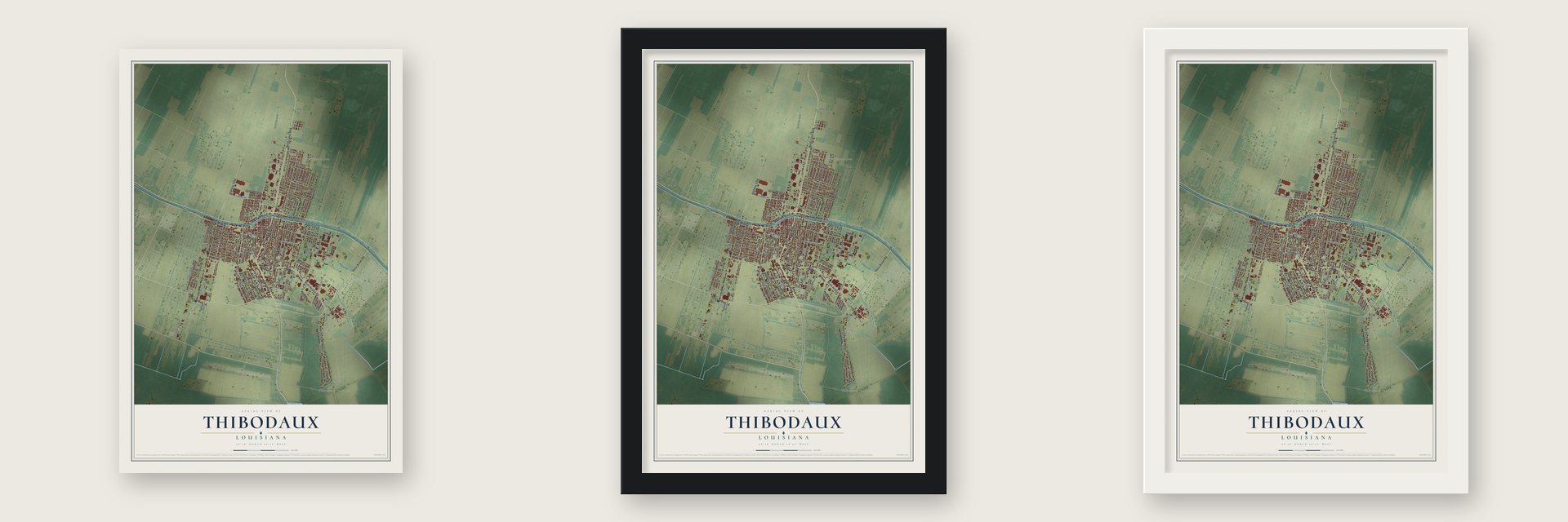 Thibodaux, Louisiana map unframed, in a black wood frame and in a white wood frame