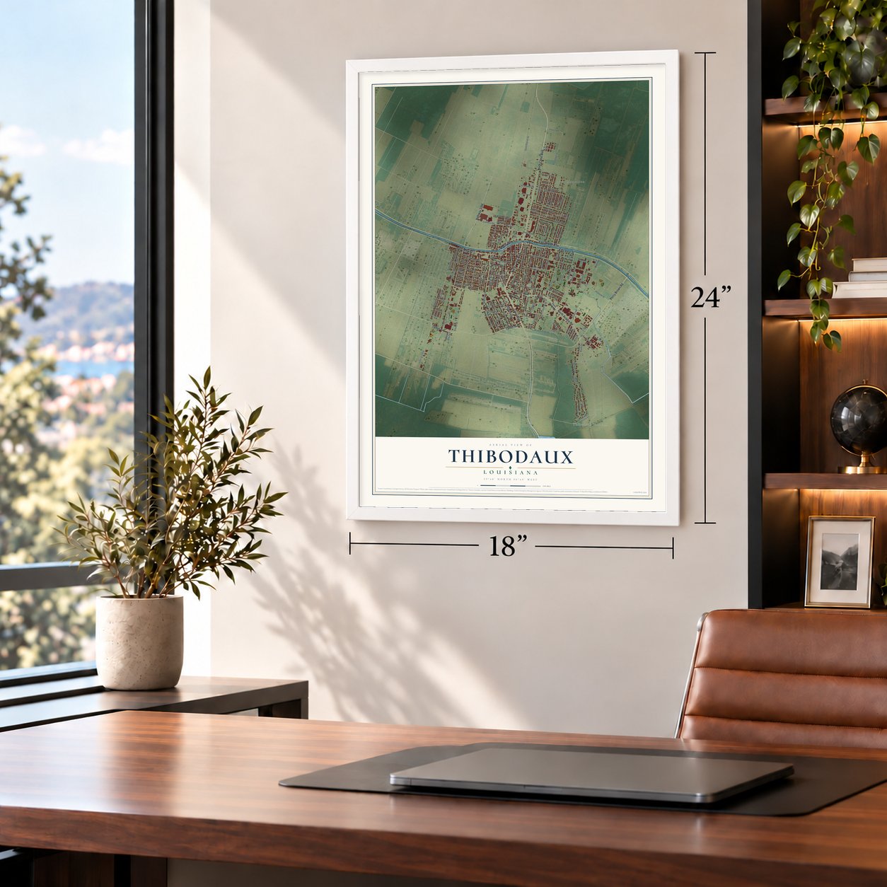 Thibodaux, Louisiana map, 18 x 24 inch print in a white frame in a home office