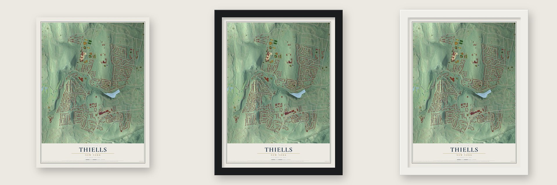 Thiells, New York map unframed, in a black wood frame and in a white wood frame