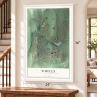 Thiells, New York map, 24 x 36 inch print in a white frame by a staircase