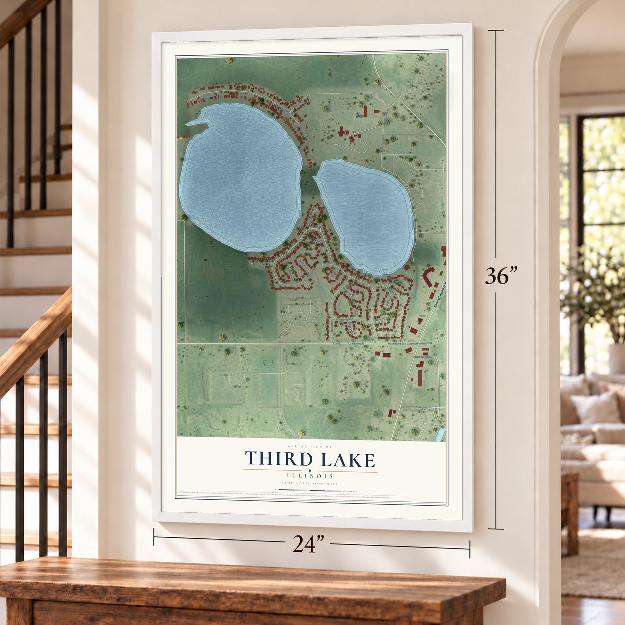 Third Lake, Illinois map, 24 x 36 inch print in a white frame by a staircase