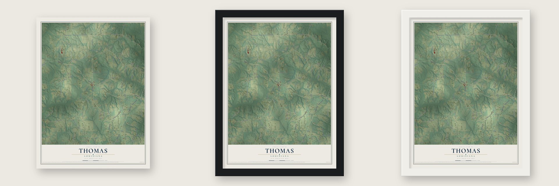 Thomas, Louisiana map unframed, in a black wood frame and in a white wood frame