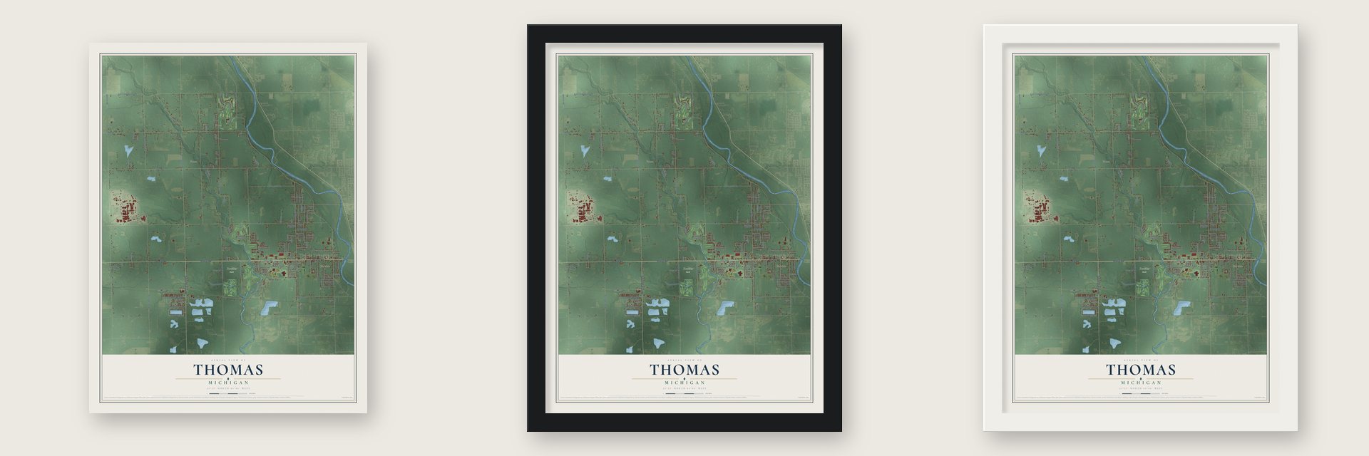 Thomas, Michigan map unframed, in a black wood frame and in a white wood frame