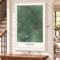 Thomas, Michigan map, 24 x 36 inch print in a white frame by a staircase