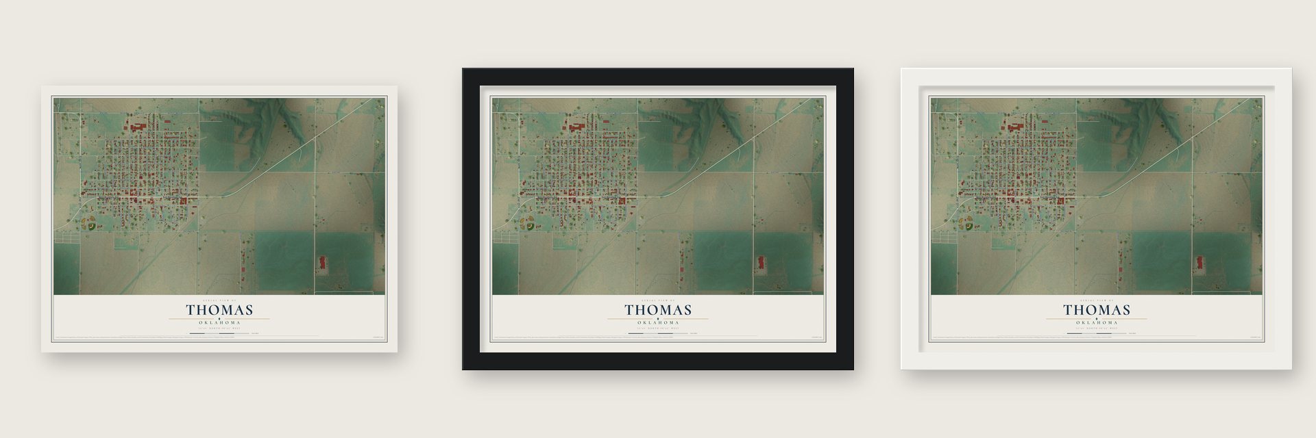 Thomas, Oklahoma map unframed, in a black wood frame and in a white wood frame