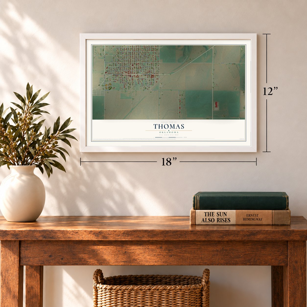 Thomas, Oklahoma map, 12 x 18 inch print in a white frame in an entryway