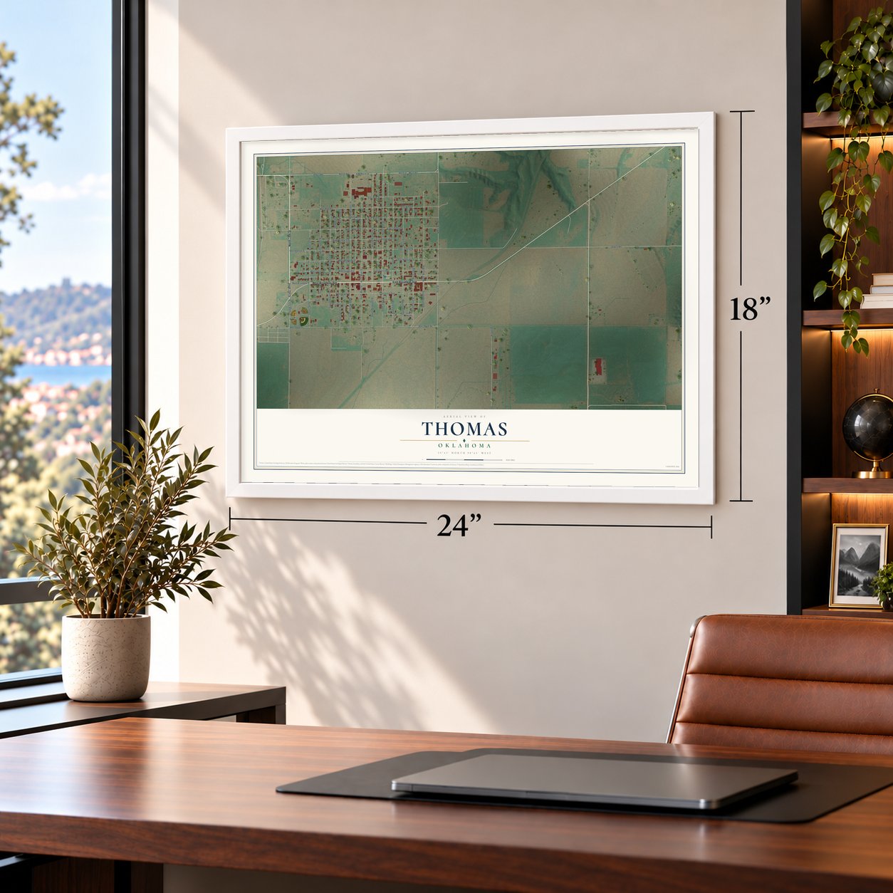 Thomas, Oklahoma map, 18 x 24 inch print in a white frame in a home office