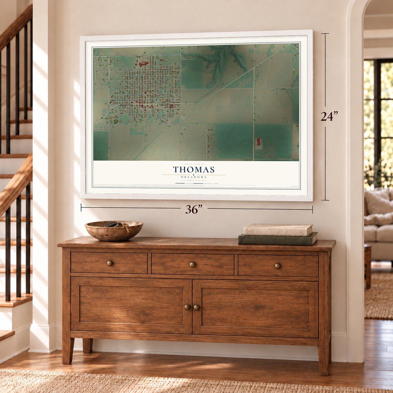 Thomas, Oklahoma map, 24 x 36 inch print in a white frame above a dresser by a staircase