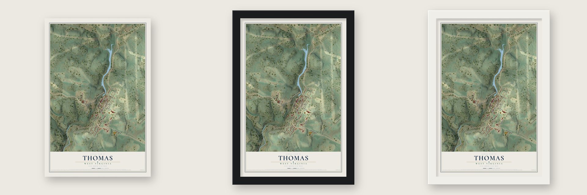 Thomas, West Virginia map unframed, in a black wood frame and in a white wood frame