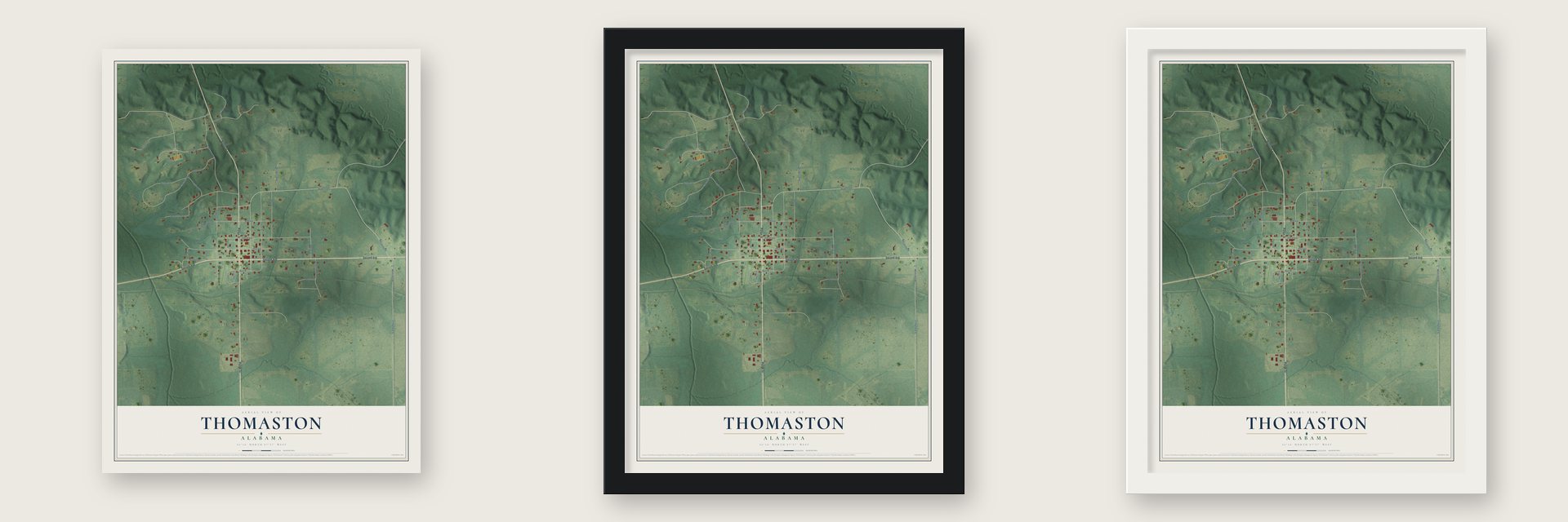 Thomaston, Alabama map unframed, in a black wood frame and in a white wood frame