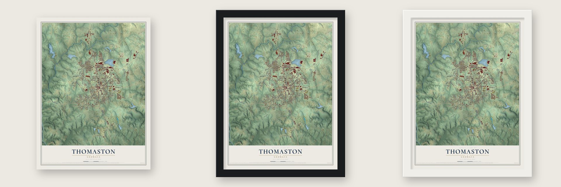 Thomaston, Georgia map unframed, in a black wood frame and in a white wood frame