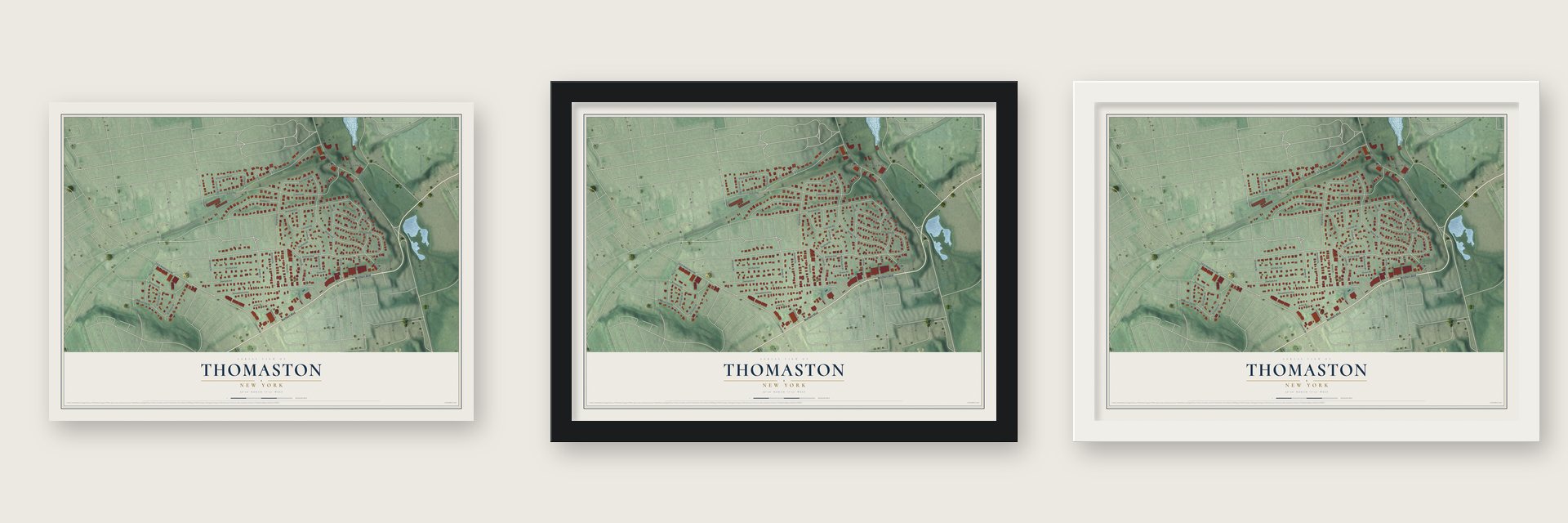 Thomaston, New York map unframed, in a black wood frame and in a white wood frame