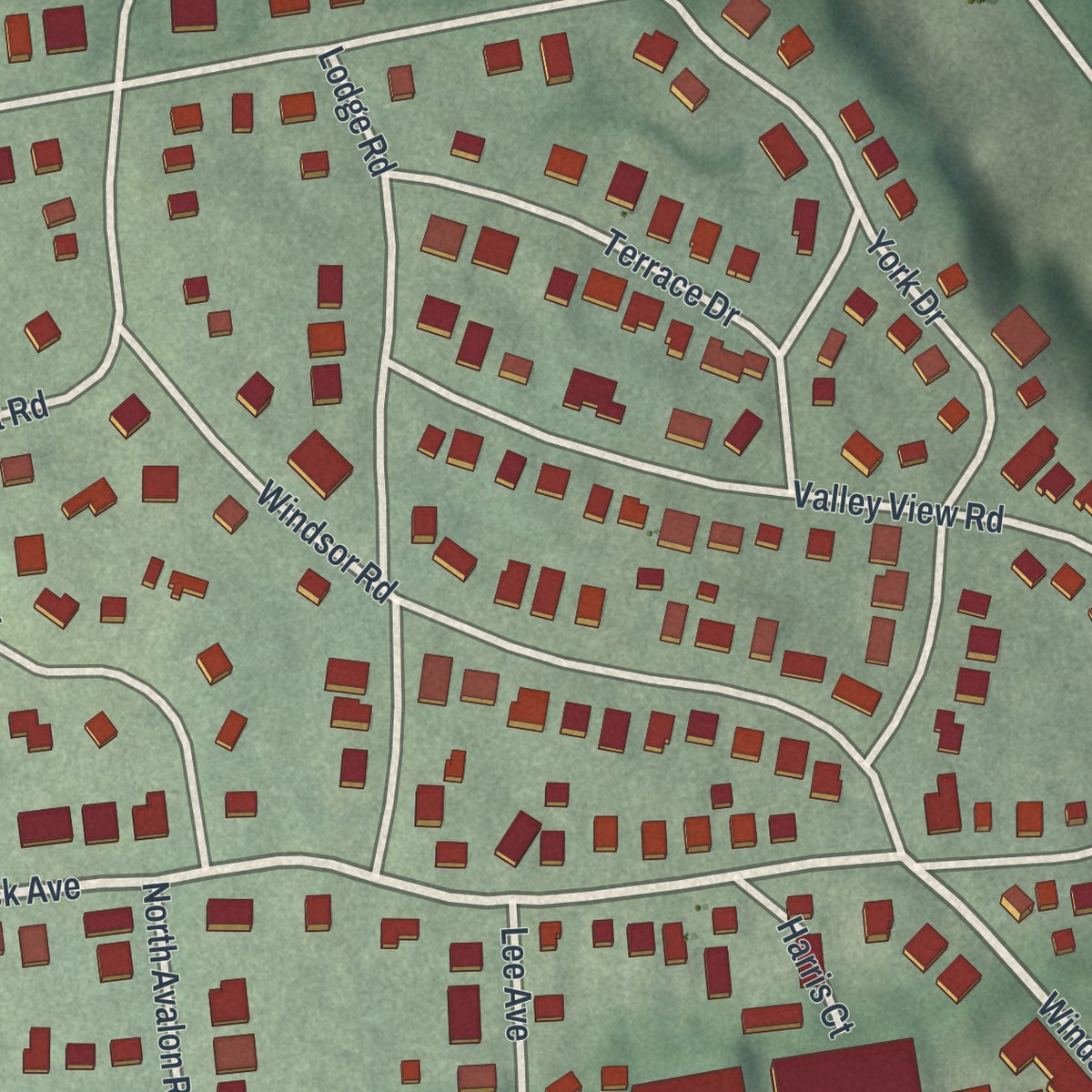 Second close-up of the map of Thomaston, New York print showing more streets and buildings