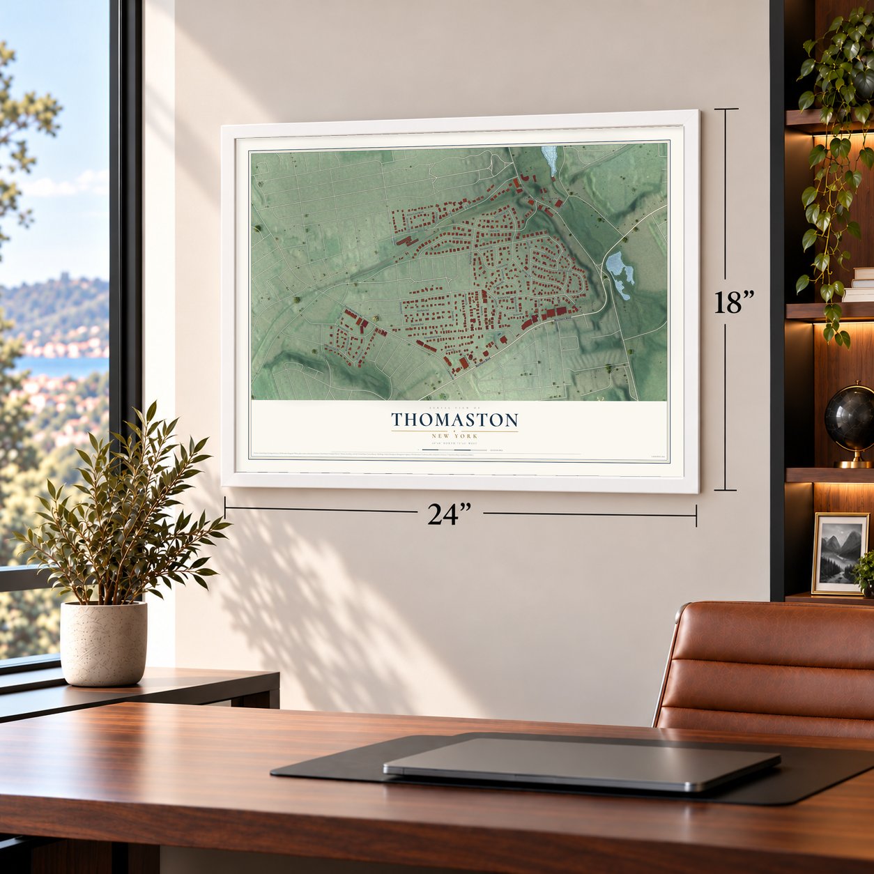 Thomaston, New York map, 18 x 24 inch print in a white frame in a home office