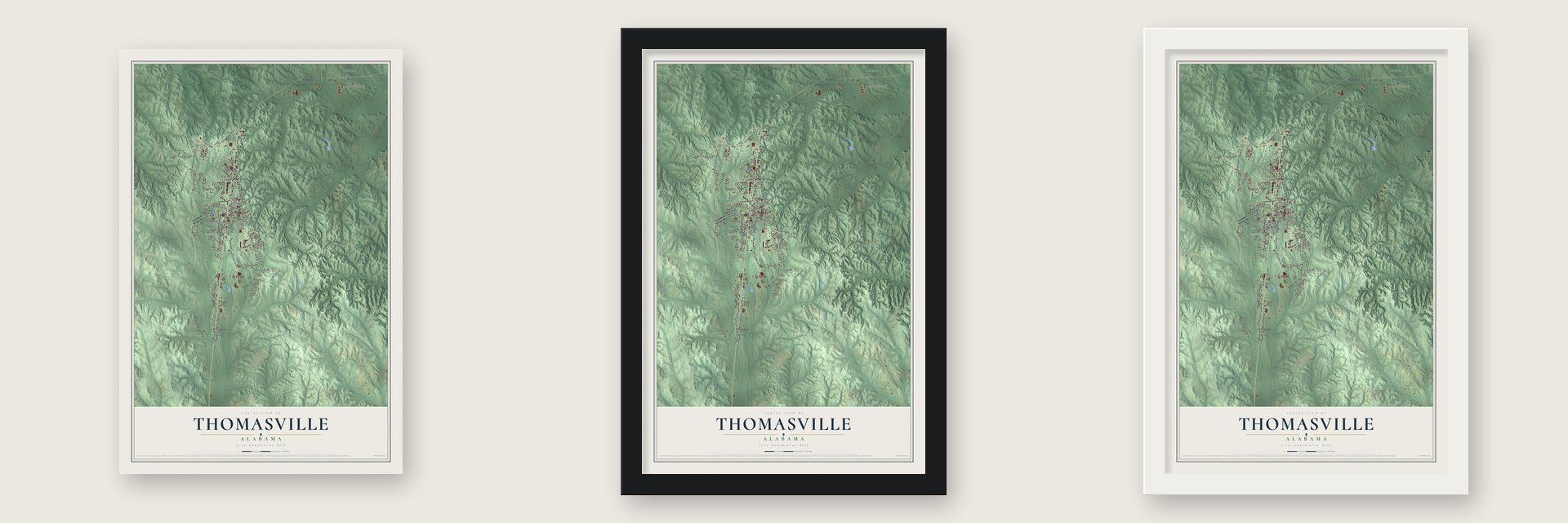 Thomasville, Alabama map unframed, in a black wood frame and in a white wood frame