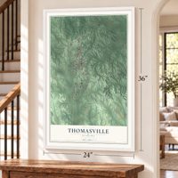 Thomasville, Alabama map, 24 x 36 inch print in a white frame by a staircase