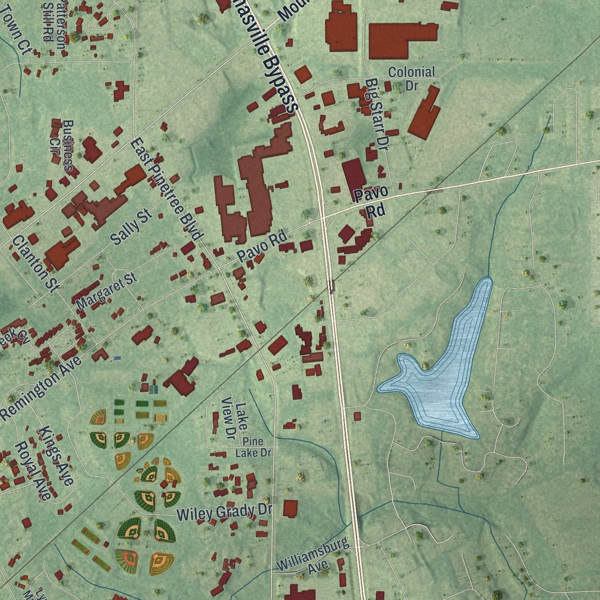 Second close-up of the map of Thomasville, Georgia print showing more streets and buildings