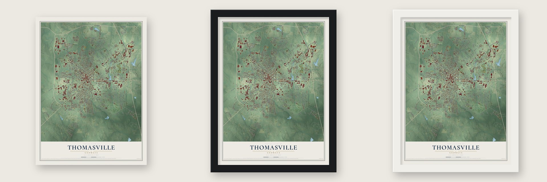 Thomasville, Georgia map unframed, in a black wood frame and in a white wood frame