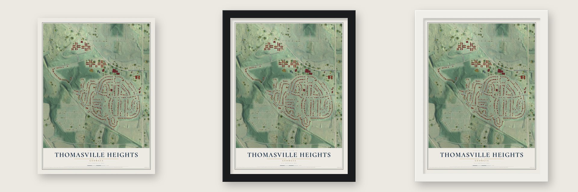 Thomasville Heights, Georgia map unframed, in a black wood frame and in a white wood frame