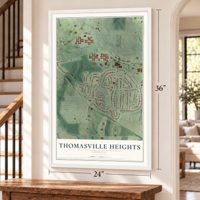 Thomasville Heights, Georgia map, 24 x 36 inch print in a white frame by a staircase