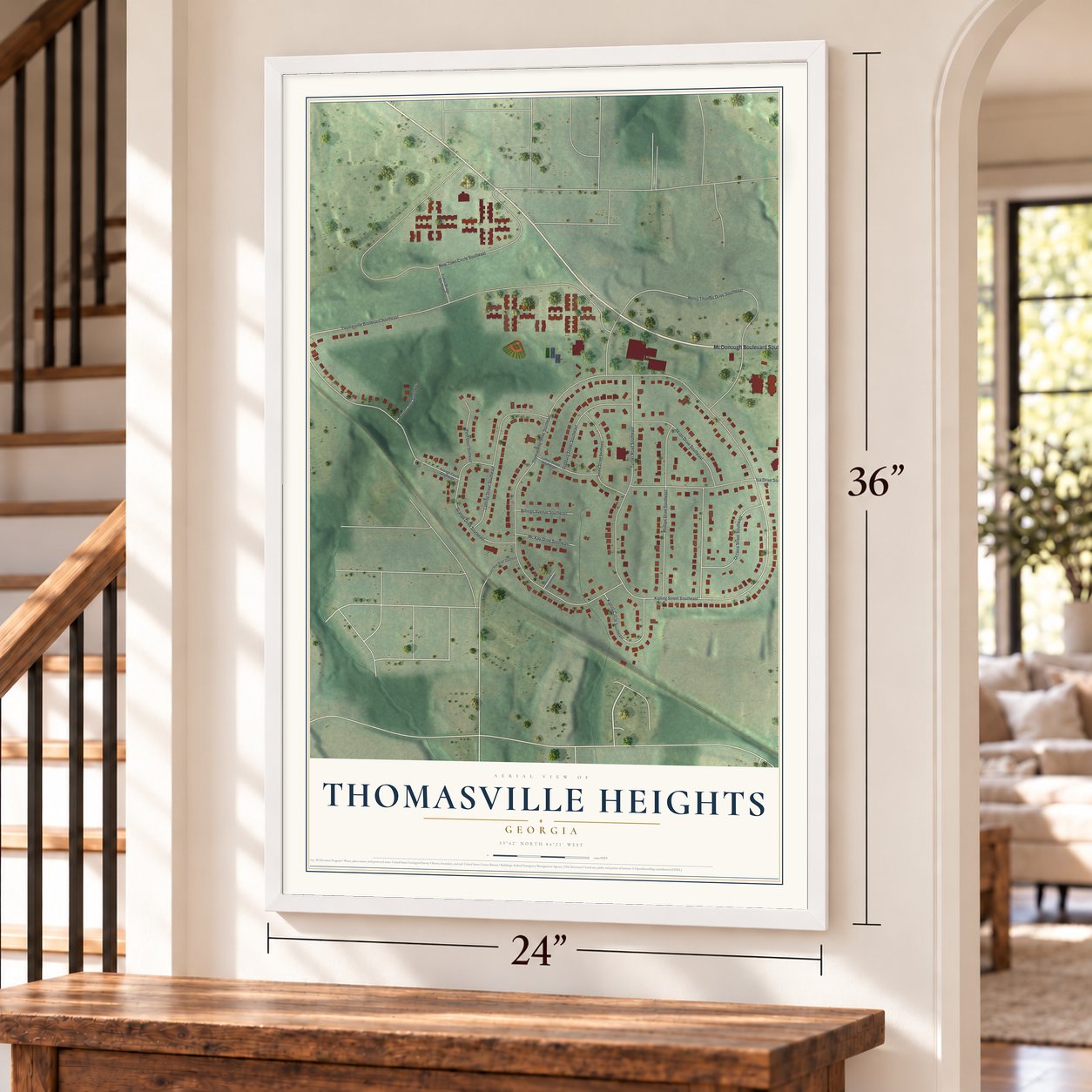 Thomasville Heights, Georgia map, 24 x 36 inch print in a white frame by a staircase
