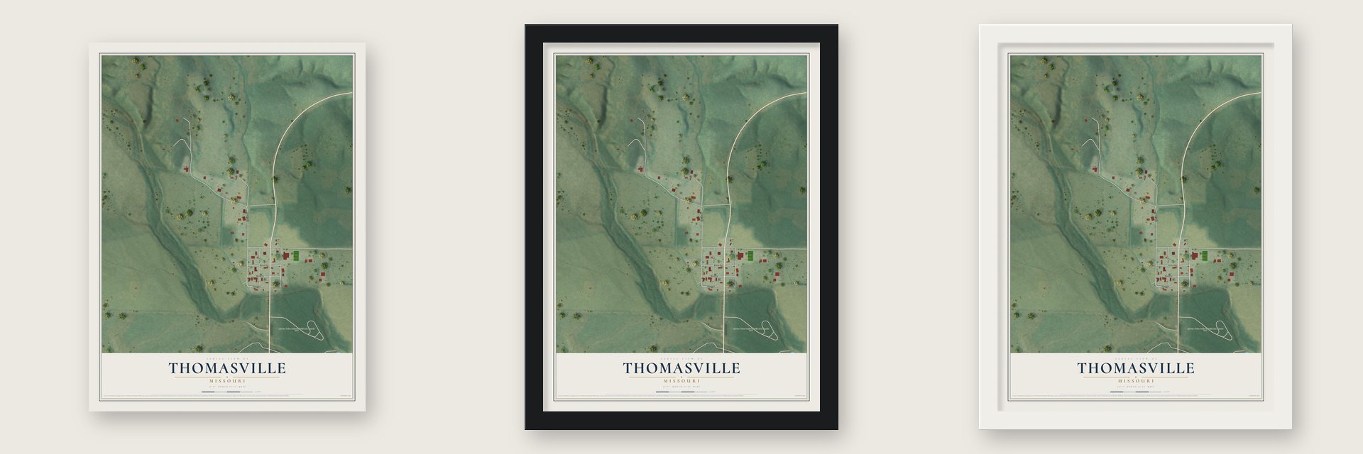 Thomasville, Missouri map unframed, in a black wood frame and in a white wood frame