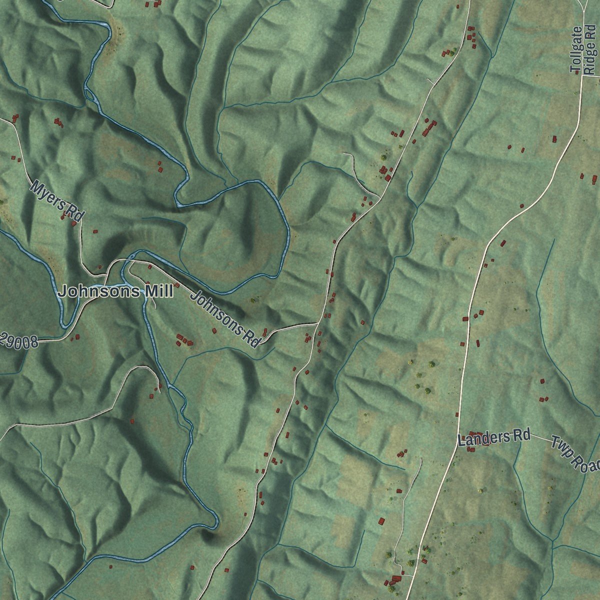 Second close-up of the map of Thompson, Fulton County, Pennsylvania print showing more streets and buildings