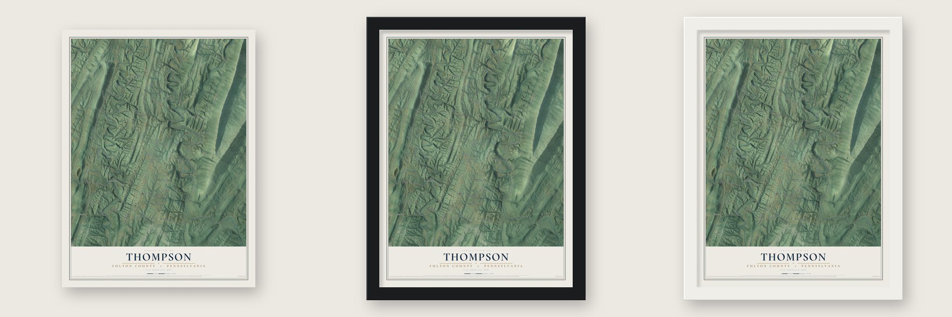 Thompson, Fulton County, Pennsylvania map unframed, in a black wood frame and in a white wood frame